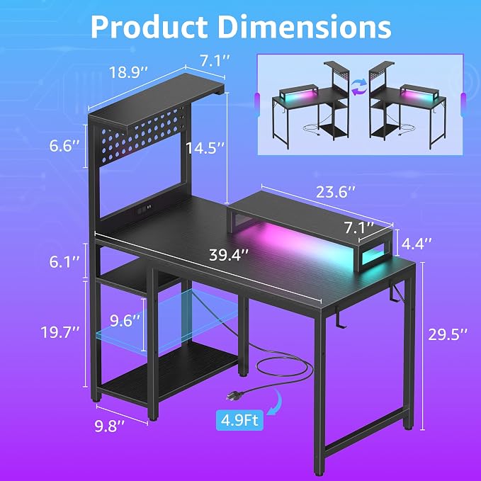 40 inch Small Gaming Desk with Pegboard Shelves Computer Desks with Led Lights Power Outlets PC Monitor Stand Reversible Storage Shelf Table for Bedroom Small Space, Black - Image 3