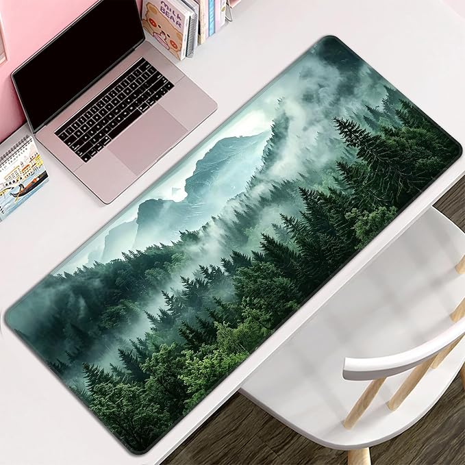 Green Misty Forest Desk Mat, XXL 35.4"x15.7" Large Mouse Pad, Mountains Extended Gaming Mouse Mat,Non-Slip Rubber Base Waterproof with Stitched Edges for Gaming Office Home Decor - Image 8