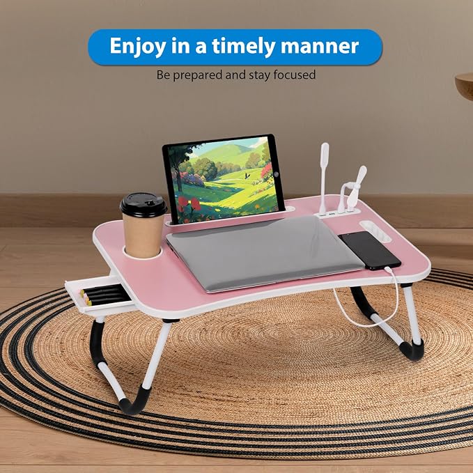 Portable Bed Desk, Foldable Laptop Desk with 4 USB Charge Port/Cup Holder/Tablet Slot/Storage Drawer, Folding Lap Table for Working, Writing, Drawing and Eating (Pink) - Image 3