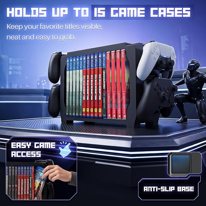 TNP Video Game Storage Tower for PS5, 15 Game Cases, 4 Controllers, Black - Image 4