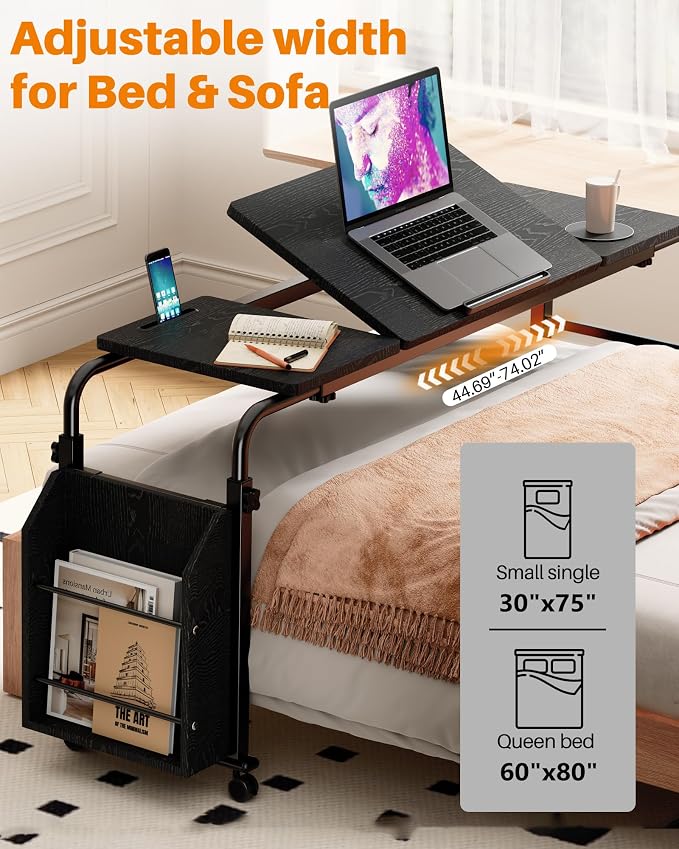 Laptop Desk for Bed,6-Angle Adjustable Overbed Table with Wheels,Adjustable Height and Length Bed Table for Laptop with Side Bookshelf,Standing Desk,Over Bed Desk for Working Hospital Home (Black) - Image 8