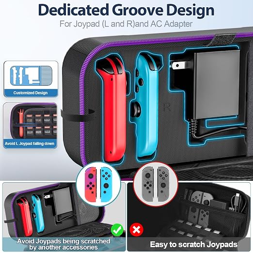 OIVO Switch 1 Carrying Case Compatible with Nintendo & OLED, Portable Switch Travel Carry Case Fit for Joy-Con and Adapter, Hard Shell Protective OLED Pouch Bag with 20 Games, Purple - Image 3