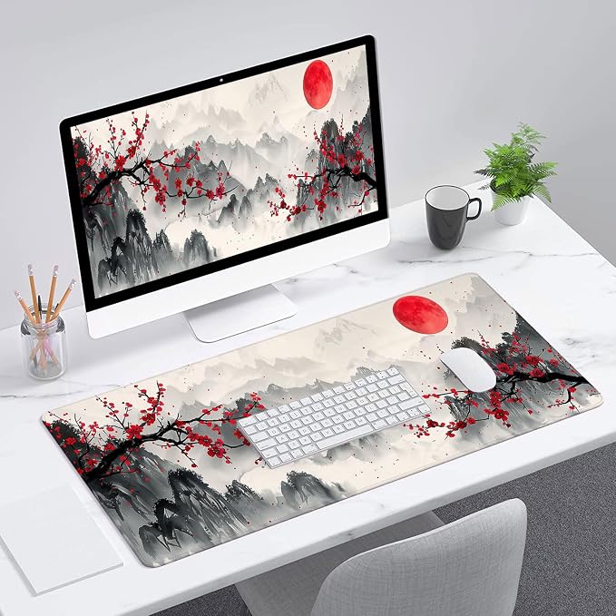 Watercolor Cherry Blossom Gaming Mouse Pad - Chinese Ink Painting Mountain Desk Mat With Stitched Edge Non-Slip Base for Office Computer Keyboard Laptop Home 31.5"x11.8" - Image 3