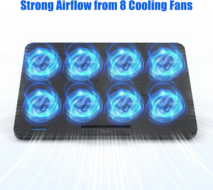 LIANGSTAR Laptop Cooling Pad, Laptop Cooler with 8 Quiet Fans for 12-17 Inch Gaming Laptop Fan Cooling Pad Stable Stand 7 Height & Wind Speed Adjustable, 2 USB Port & Phone Holder - Image 2