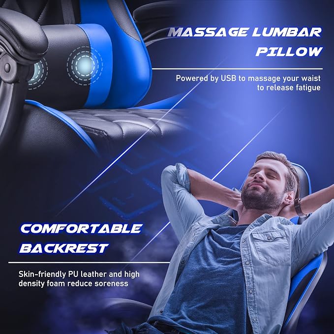 Homall Gaming Chair, Computer Chair with Footrest and Massage Lumbar Support, Ergonomic High Back Video Game Chair with Swivel Seat and Headrest (Blue) - Image 5