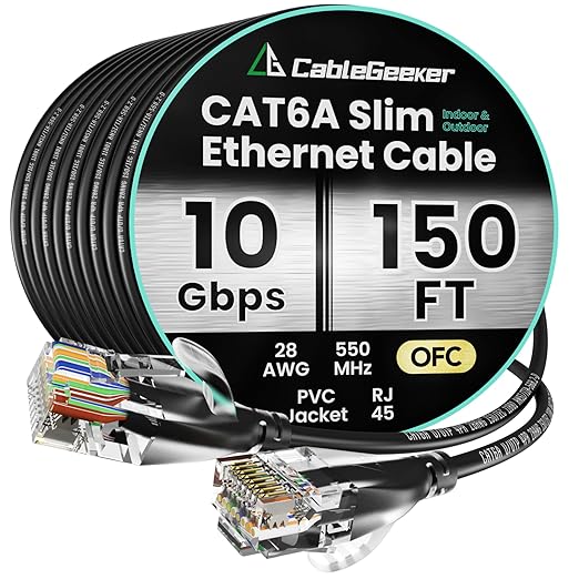 CableGeeker Cat 6A Slim Ethernet Cable 150ft, 10Gbps, Black by CableGeeker