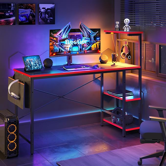 Bestier Gaming Desk with LED Lights, 51.3 Inch Computer Desk with 4 Tiers Reversible Shelves, Gamer Desk with Side Storage Bag, Hooks and Height Adjustable Shelf (Black Carbon Fiber) by Bestier
