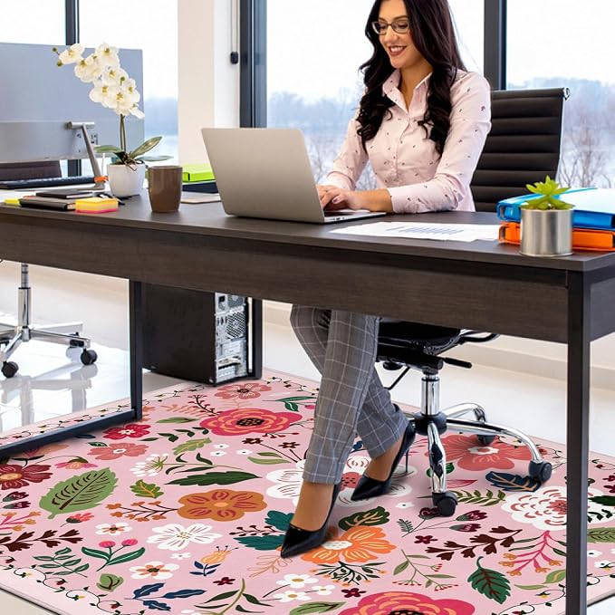 Office Chair Mat for Hardwood & Tile Floor,Boho Floral 36"x48" Computer Chair Mat for Rolling Chairs Carpet,Under Desk Non Slip Gaming Rug,Low-Pile Rubber Backing Large Protector Mat(Pink) - Image 5