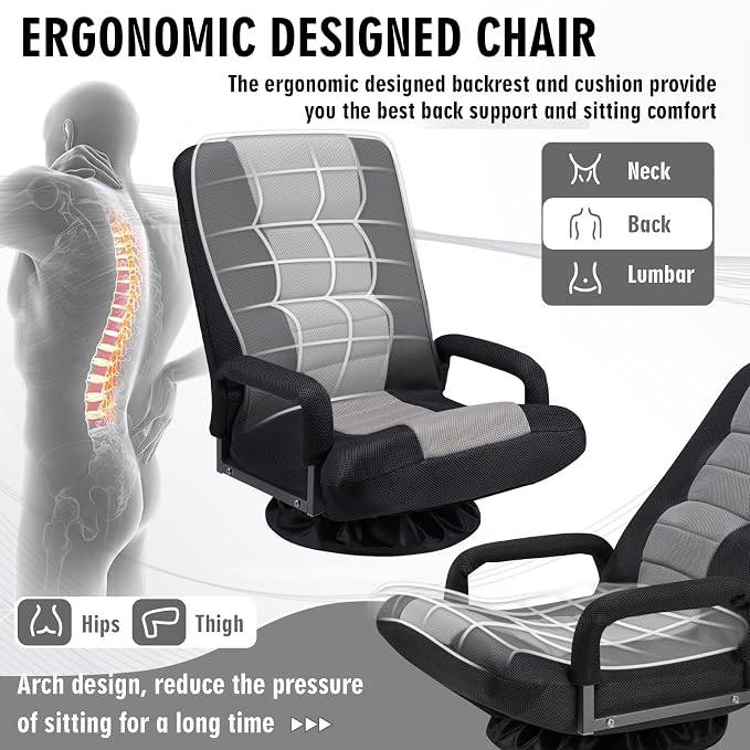Swivel Floor Gaming Chair w/Armrests,Folding Video Reclining Sofa w/6 Adjustable Position, Padded Backrest & Cushion, Lazy Lounger Couch for E-Sports, Reading, Relaxing, Watching TV, Grey - Image 5