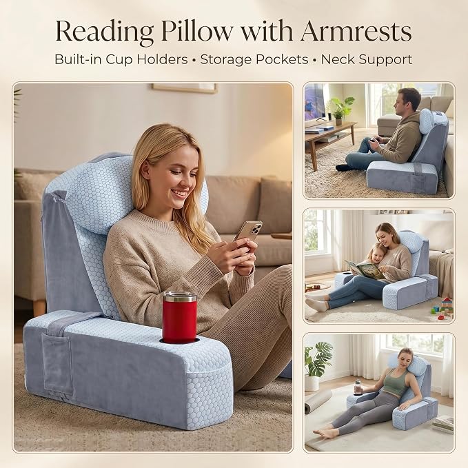 Reading Pillow for Adults, Back Pillow for Bed Sitting Up, Backrest Pillow for Sitting in Bed, Detachable Arms with Built-in Cup & Phone Caddy (White Cooling - Polka, 19 INCH) - Image 7