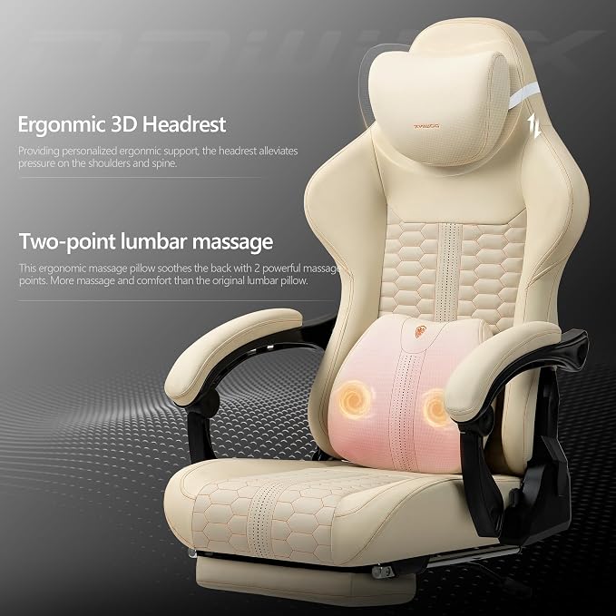 Dowinx Big & Tall Vintage Gaming Chair for Adults, 400 lb Capacity Heavy Duty Ergonomic Computer Chair with Massage Lumbar, Footrest & Easy Side Recline, Beige - Image 4