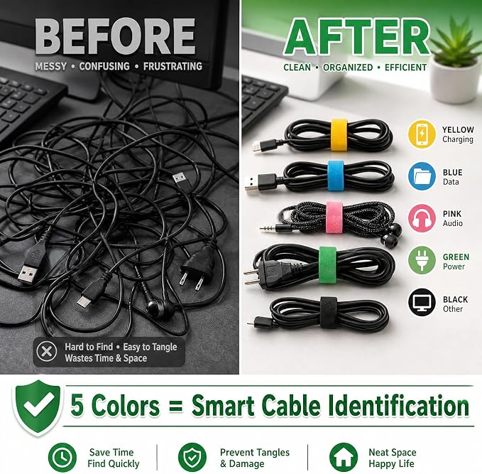 BALABALA 150PCS Cable Ties 8 Inch, Reusable Hook and Loop Straps for Cord Management, Fabric Fastening Straps with Strong Grip, Multi-Color Adjustable Cable Organizer for Home Office Electronics - Image 6