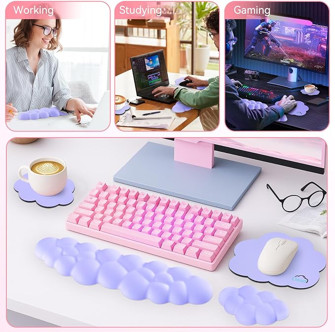 Sushret Cloud Wrist Rest for Computer Keyboard and Mouse Pad Set, Purple | Memory Foam, Leather, 4-in-1 Cloud Keyboard Wrist Rest Set with Ergonomic Support for Arm and Palm Cushion, Gaming/Work Setup - Image 6