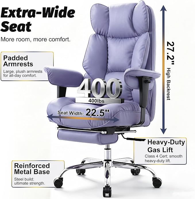 Efomao Executive Office Chair 400lbs,Purple Big and Tall Desk Chair | Mattress-grade pocket spring cushion, sleek leather, 135° recline & footrest for computer gaming setup. - Image 3