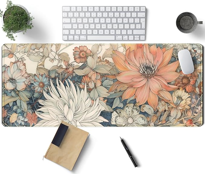 Japanese Minimalist Floral Desk Mat Aesthetic Flowers XL Large Extended Gaming Mouse Pad with Stitched Edges, Big Laptop Computer Keyboard and Mouse Mat for Girl Women Office Decor 31.5x11.8 in by TENG+DA+QING