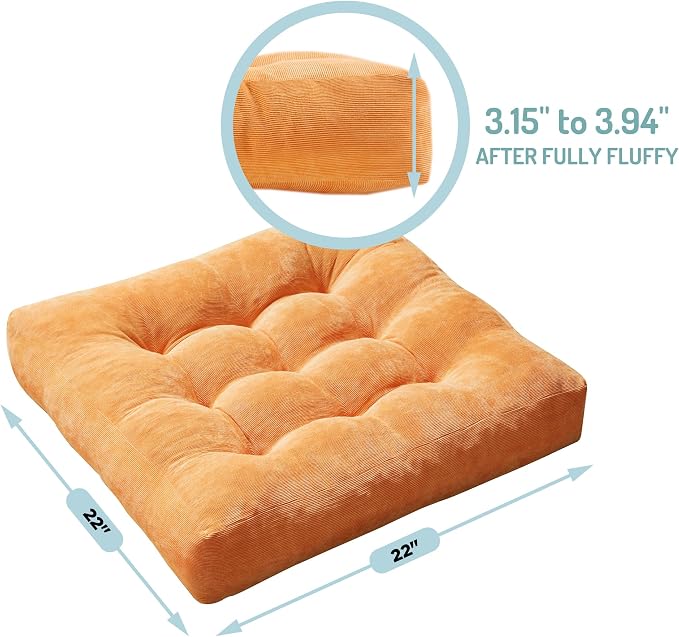Floor Pillows Set of 6, Large Meditation Cushion for Adults, 22 Inch Square | Reading nook & office use, Tatami seating, Corduroy cover, 3.5 in thick, Shredded memory foam fill, Yellow yoga pad - Image 5