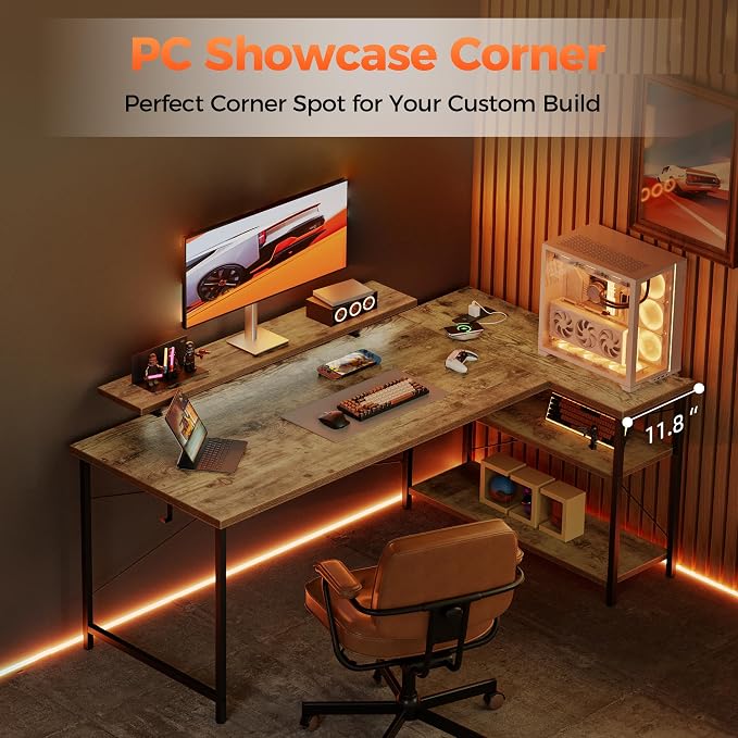 Mericonia 48 in Corner Desk with Monitor Stand, Small L Shaped Gaming Desk | Reversible Computer Desk with Power Outlets, LED Light & Storage Shelves, Office Table for Home Bedroom Study Work Writing - Image 9