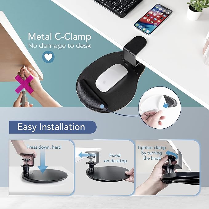 EHO Clamp-On Mouse Platform with Gel Wrist Rest, 360° Rotating Under Desk Mouse Tray with Slide-in Storage, Ergonomic Space-Saving Armrest for Left or Right-Hand Use, TAA-Compliant - Image 4