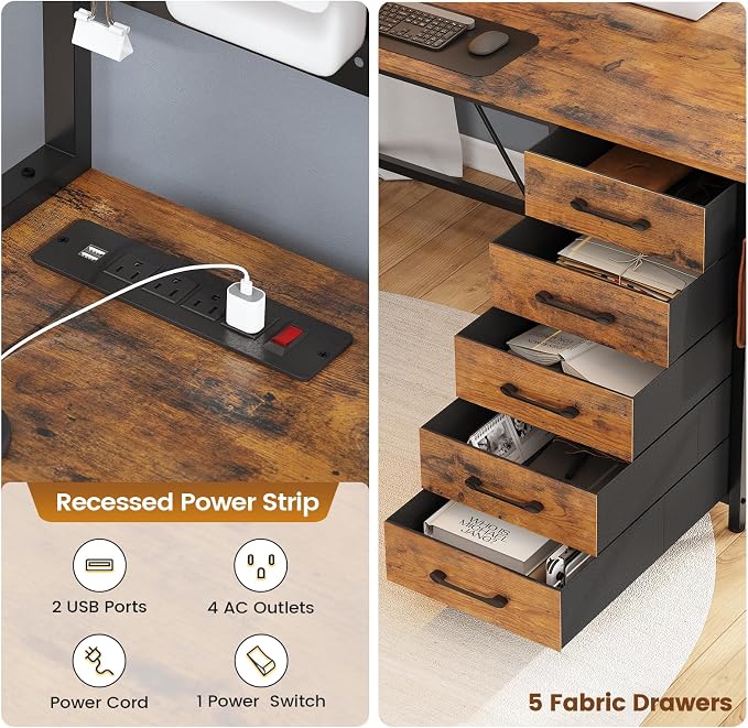 SEDETA L Shaped Gaming Corner Desk with Drawers, Hutch and Storage Shelves | Reversible L Shaped Computer Desk, Gaming Desk with Pegboard, Led Lights, and Power Outlet, Home Office Desk, Rustic Brown - Image 7
