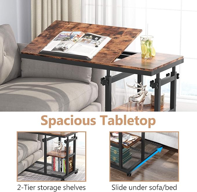 Tribesigns Height Adjustable C Table with Wheels, Mobile Couch Snack Side Table with Tiltable Drawing Board, Sofa Bedside Laptop Stand C Shaped TV Tray with Storage Shelves (Brown) - Image 9