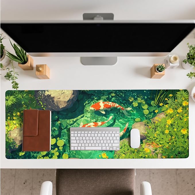 Fish Art Mouse Pad Green Desk Mat XL Mouse Gaming Pads, Fish Keyboard Pads Extra Large Desktop Computer Mats with Non-Slip Base & Stitched Edges, Vintage Office Decor 31.5x11.8 - Image 3