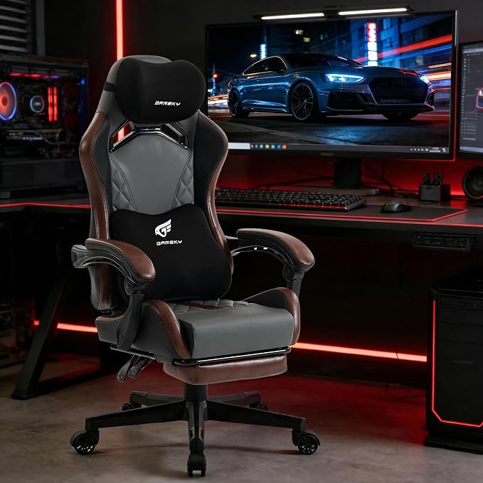 Ergonomic Gaming Chair for Adults with Footrest - PU Leather Computer Gamer Chair with Memory Foam Headrest & Lumbar Pillow, Reclining Silla Gamer Video Game Chair for Home Office, Black & Grey - Image 2