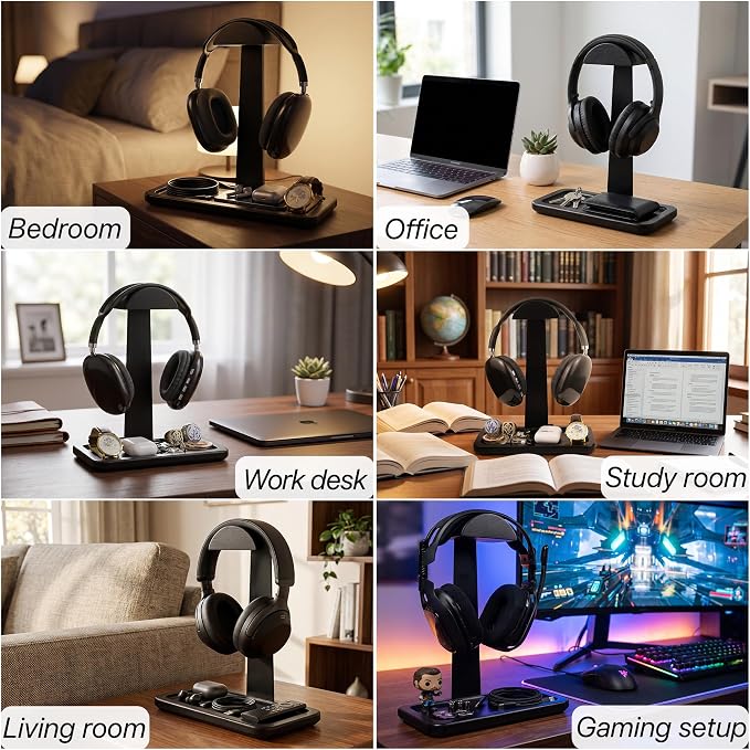 Gift for Men Headphone Stand with Storage Base, Stylish Headset Holder Gamer Gifts for Gaming & Desk to Keep Accessories Organized, Unique Gifts for Teenage Boy Brother on Birthday (Black Wood) - Image 3