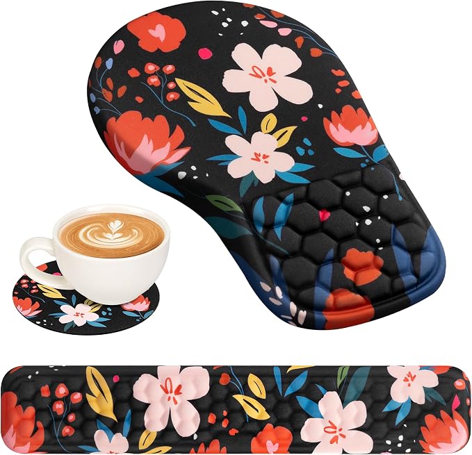 EYROZILL 3 in 1 Ergonomic Mouse Pad and Keyboard Wrist Rest, Cute Mouse Pad with Wrist Support Massage Design, Non-Slip Wrist Pad for Mouse, Desk Mouse Set(Flower) by EYROZILL