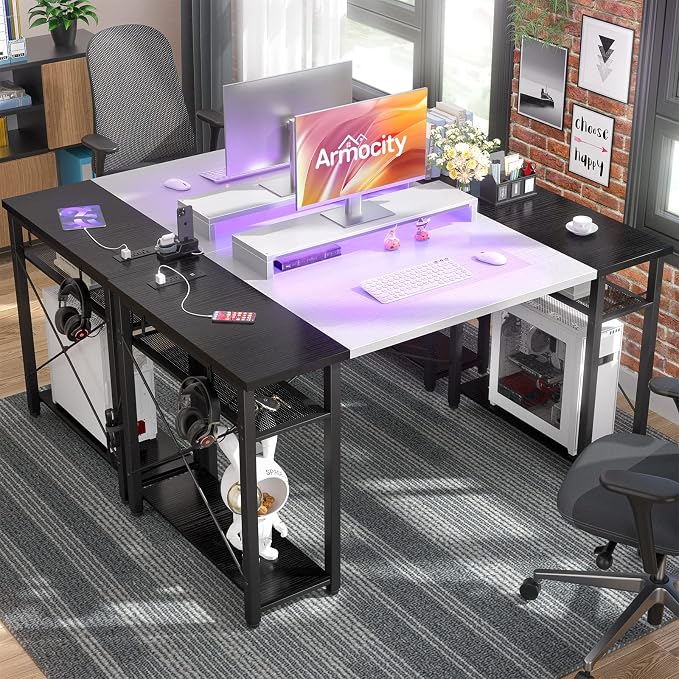 Armocity Computer Desk with LED Lights, 48 Inch Desk with Power Outlet and USB, Reversible Large Desk with Moveable Monitor Stand, 48'' Gaming PC Table for Home Office, Workstation, White and Black - Image 2