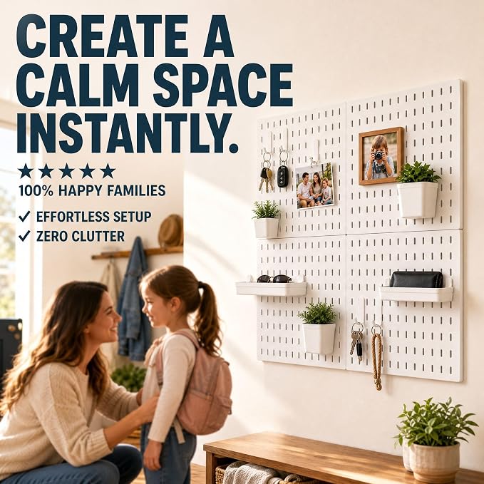 AKTOP Plastic Peg Board Wall Organizer 4-Pack, 12"x12" Pegboard Kit, White | Includes 13 Accessories, Adhesive or Drill Mounting, Superior Load Capacity, Ideal for Office, Gaming Room, Craft Room - Image 8
