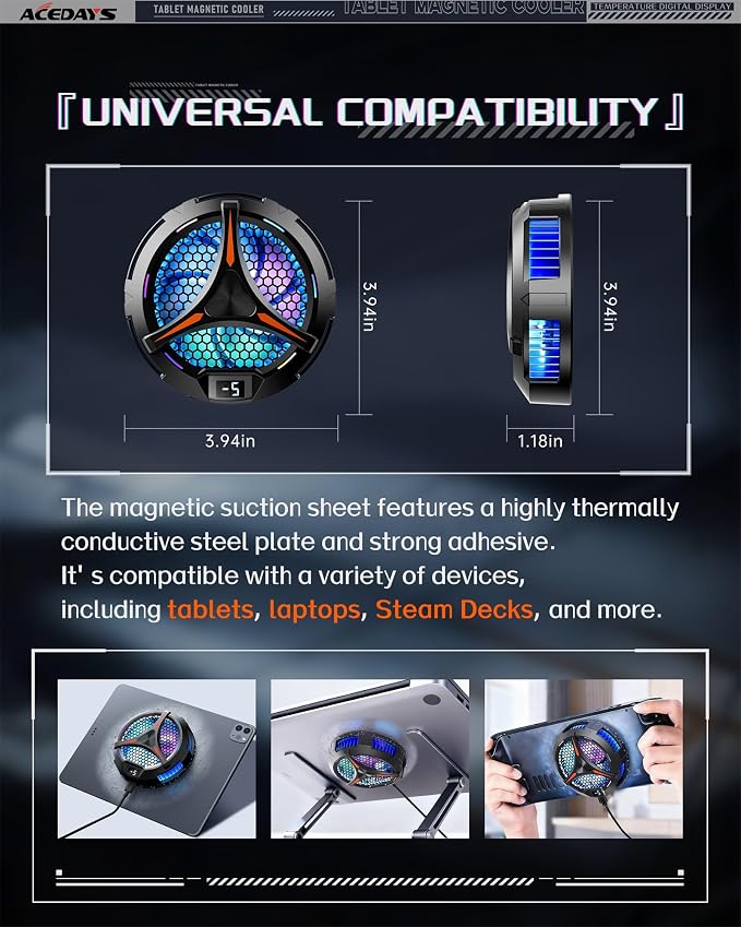 ACEDAYS iPad Cooler,Magnetic Tablet Cooler for ipad/Surface pro/Samsung Tab,Compatible for Steam Deck,Universal Radiator with Temperature Display for Mobile Gaming,Tiktok Live Streaming - Image 2