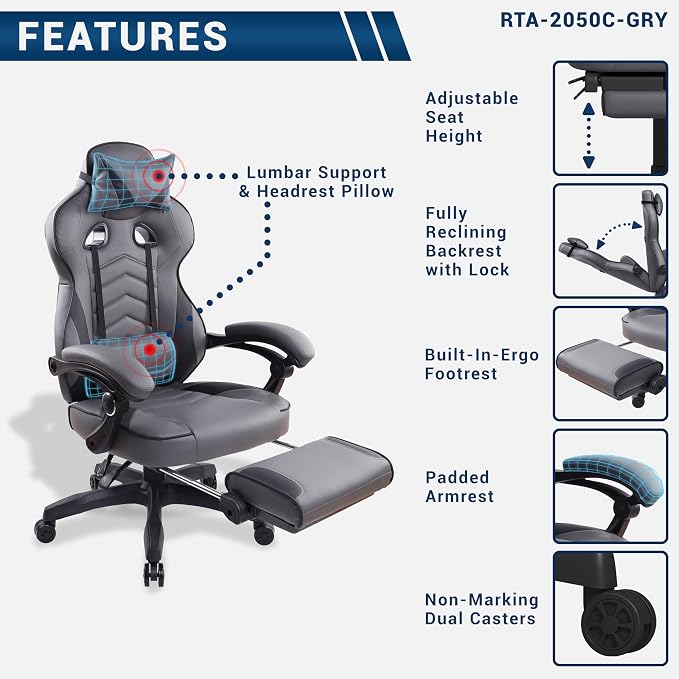 Techni Mobili Executive Gaming Chair with Footrest, 150° Reclining, Grey | PU leather chair, 150 degree recline, footrest, lumbar support, headrest pillow, executive office gaming chair, ergonomic - Image 4