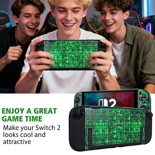 DLseego Protective Hard Case for Nintendo Switch 2 (2025), Soft Grip Cover for Handle, Detachable Joy-C Controller shockproof & scratch-resistant Console Shell, 4 Thumb Grips, Grid - Green - Image 6