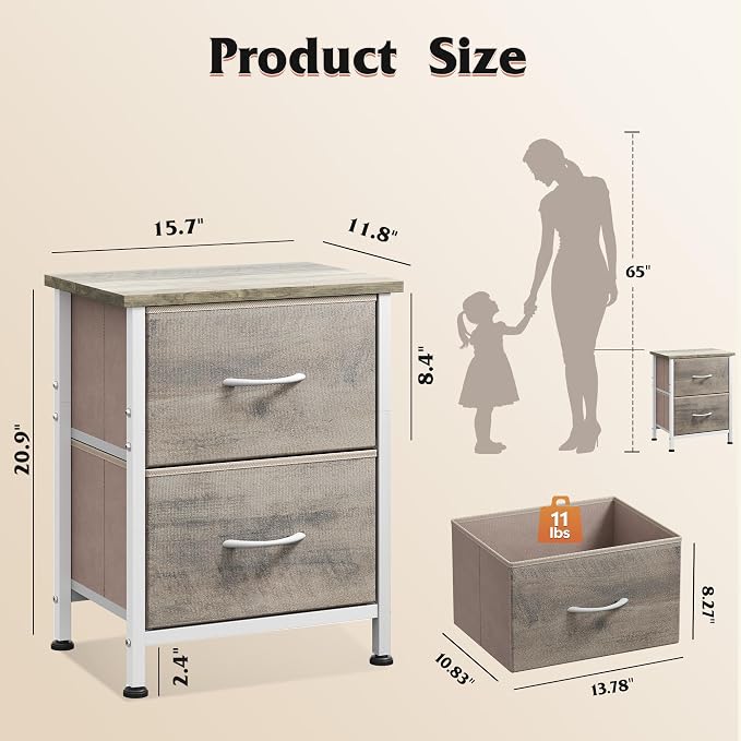 WLIVE Nightstand, 2 Drawer Dresser for Bedroom, Small Dresser with 2 Drawers, Bedside Furniture, Night Stand, End Table with Fabric Bins for Bedroom, Closet, College Dorm, Greige Oak - Image 3
