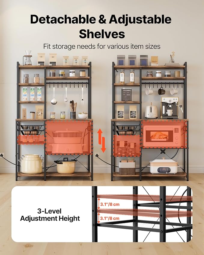 VEVOR Kitchen Bakers Rack with Power Outlets, 35.4x15.7x70.9 Inch Microwave Stand with Built-in Power Strip & 5 Ft Cord, 10 S-Shaped Hooks, for Dish Storage, Spice Jars, Coffee Bar Organization - Image 6