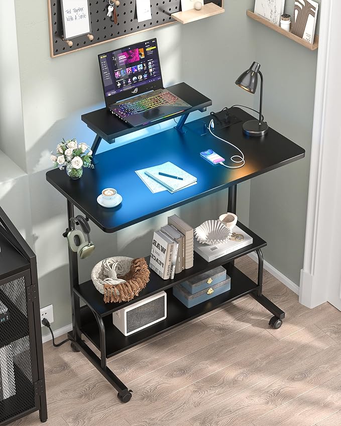 Height Adjustable Standing Desk with Power Outlets and LED Lights - 32" Manual Stand Up Desk with Monitor Stand and Storage Shelves Small Mobile Rolling Computer Desk Portable Laptop Table, Black - Image 2