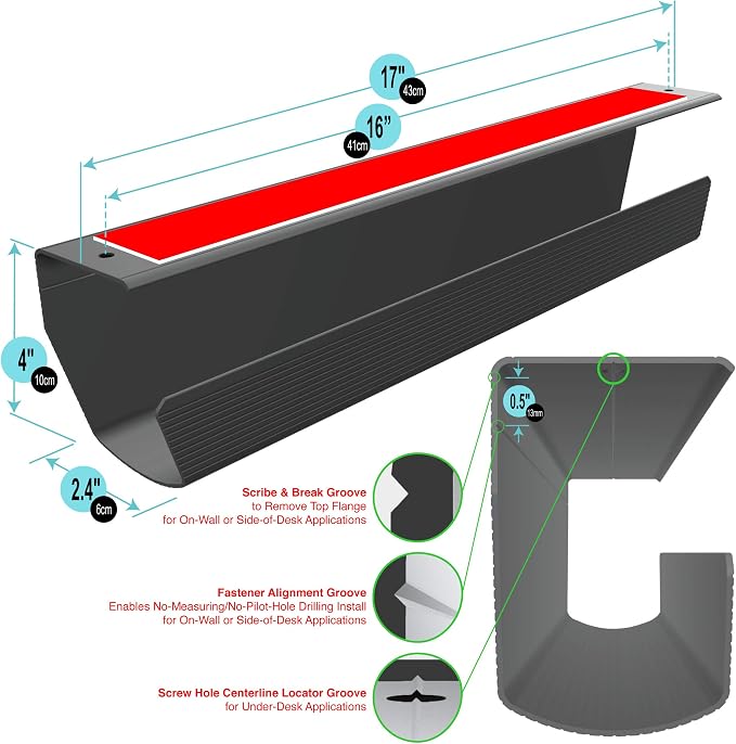 Cable Management Tray, Under-Desk, On-Wall or Side-of-Desk, 17x4x2.4”, 2-PK, Hide & Organize Your Cables, Power Supplies and Power Strips, Bonus 10-Pk Cable Ties - Image 4