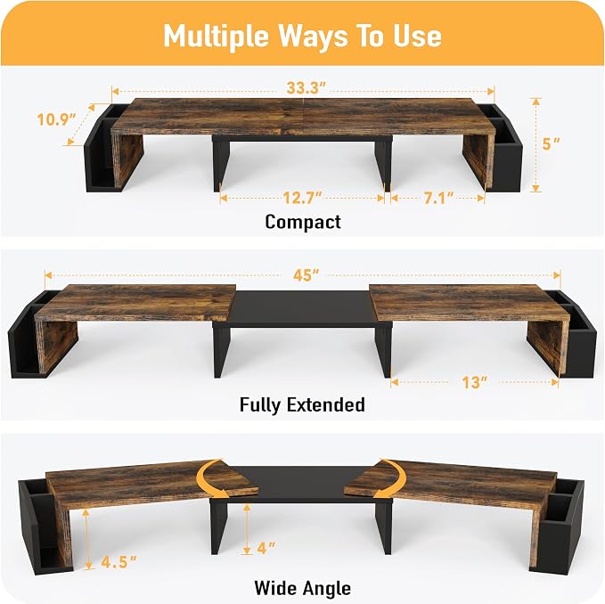 Simple Houseware Desk Dual Monitor Stand Riser with Drawer, Rustic Brown | Customizable Organizer Tray, Built-In Phone & Tablet Slot and Side Storage - Image 3