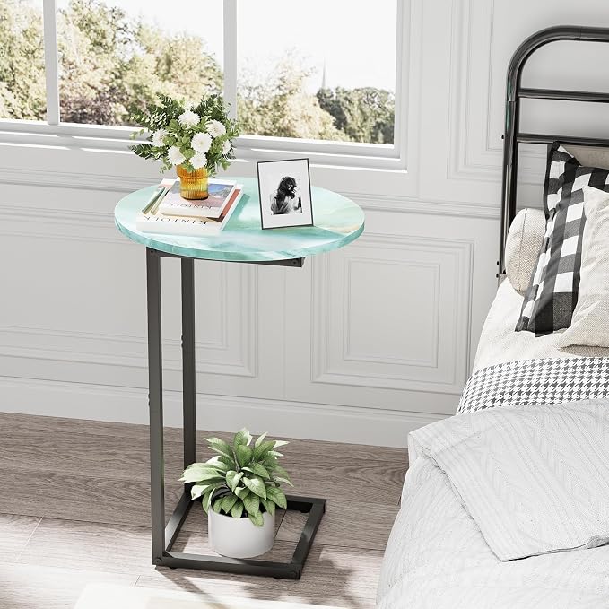 C Shaped End Side Table, Small Oval Couch Sofa Table for Bed, Snack Side Table with Metal Frame, TV Tray Table with White Marble for Small Space, Living Room, Bedroom, Bedside(Sea Blue) - Image 6