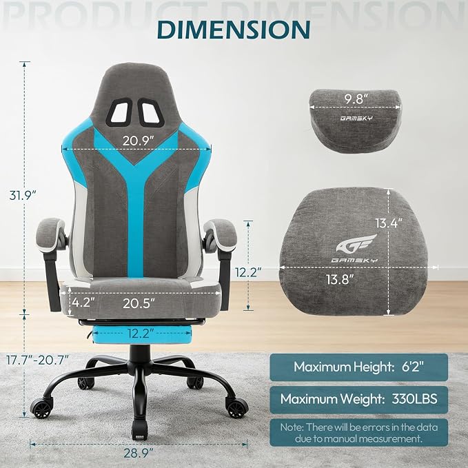 Ergonomic Gaming Chair for Adults - Comfortable Office Computer Chair with 20.5” Wide Seat, Adjustable Video Game Chair with Footrest and Lumbar Support for Home Office, Grey Blue - Image 3