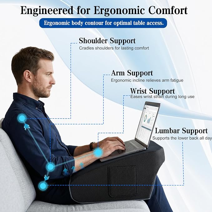 Reading Pillow for Gaming, Ergonomic Memory Foam Lap Desk Pillow | Cup Holder & Pocket, Large Non-Slip Bottom Arm Rest Pillow for Working, Crocheting in Bed, Couch, Floor (Deep Grey) - Image 3