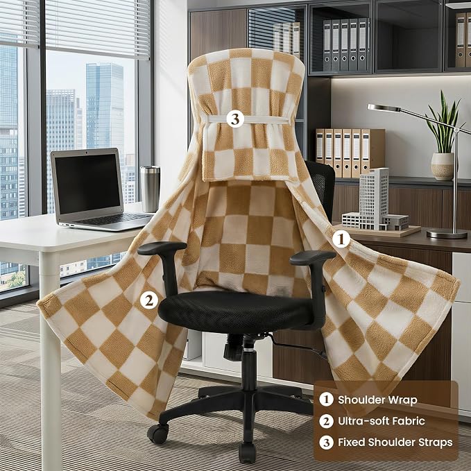 The Chair Blanket for Office,Stay-in-Place Office Blanket for Women Work,3-in-1(Chair Blanket/Seat Cushion/Pillow),Warm Smooth Velvet & Shed-Free,Size S-Khaki - Image 4