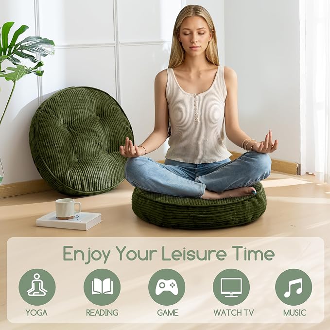 HIGOGOGO Floor Pillow Cushion for Adults, Meditation Cushion Pillow, Large Round Floor Sitting, Tufted Corduroy Cover, for Tatami Living Room or Yoga, 22x22 Inch, 2Pack, Dark Green - Image 5