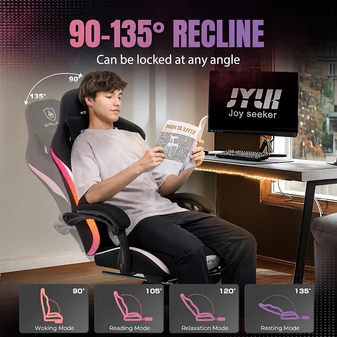 GTPLAYER RGB Gaming Chair with Footrest, LED Lights, Ergonomic Computer Chair with Linkage Armrest, Breathable Fabric for Home Office Desk - Video Game Chairs for Adults - Image 8