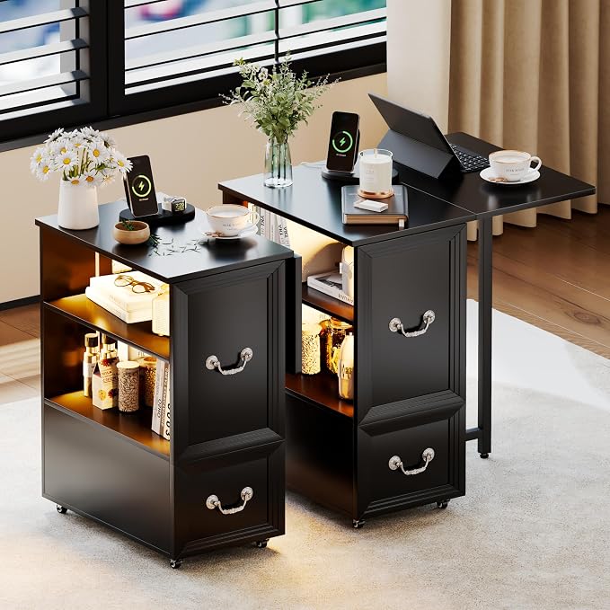 Dystler Rolling Side Table Set of 2 on Wheels, with Charging & LED Lights by CraftYourIdealHomeLife