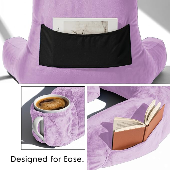 Nestl Reading Pillow with Shredded Memory Foam Includes 2 Neck and Lumber Support Pillows, Designed for Sitting Up in Bed and Couch, Back and Arms Adjustable Support for Adult & Teens, Lavender | 22” Backrest Pillow Includes Neck & Lumber Pillow, Adjus... - Image 4
