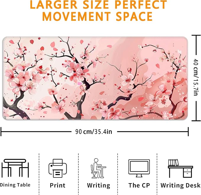 Pink Cherry Blossom Desk Mat, XXL 35.4"x15.7" Large Mouse Pad, Cute Sakura Extended Gaming Mouse Mat,Non-Slip Rubber Base Waterproof with Stitched Edges for Gaming Office Home Decor - Image 3