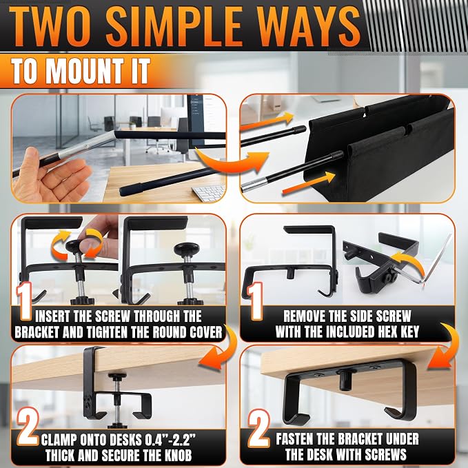 Under Desk Cable Management Tray 28" — No Drill Clamp-On Cord Organizer for Desk with Built-in Ties, Heavy Duty Metal Clamp, Foldable 600D Oxford Fabric for Home Office, WFH & Gaming PC Setup (Black) - Image 4