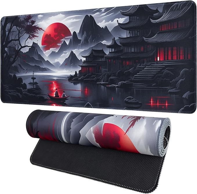 FreeNook Black Mouse Pad Gaming Keyboard Pad 35.4 x 15.7 in Computer Mouse Pad Anime Gaming Mousepad, Expanded Architecture Cool Desk Pad, Japanese Red Moon Large MousePads Suitable for Home Office by Unknown