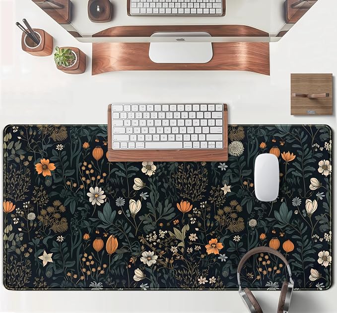 Cute Dark Floral Desk Mat Vintage Flowers Plant Mouse Pad XXL Large Extended Gaming Mousepad Women Office Decor Desk Pad, Big Laptop Computer Keyboard and Mouse Mat with Stitched Edges, 31.5x15.7 in - Image 4